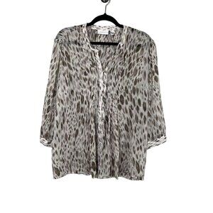 Chicos Animal Print Top XL Brown Sheer Pintuck Neutral Minimalist Resort Classic